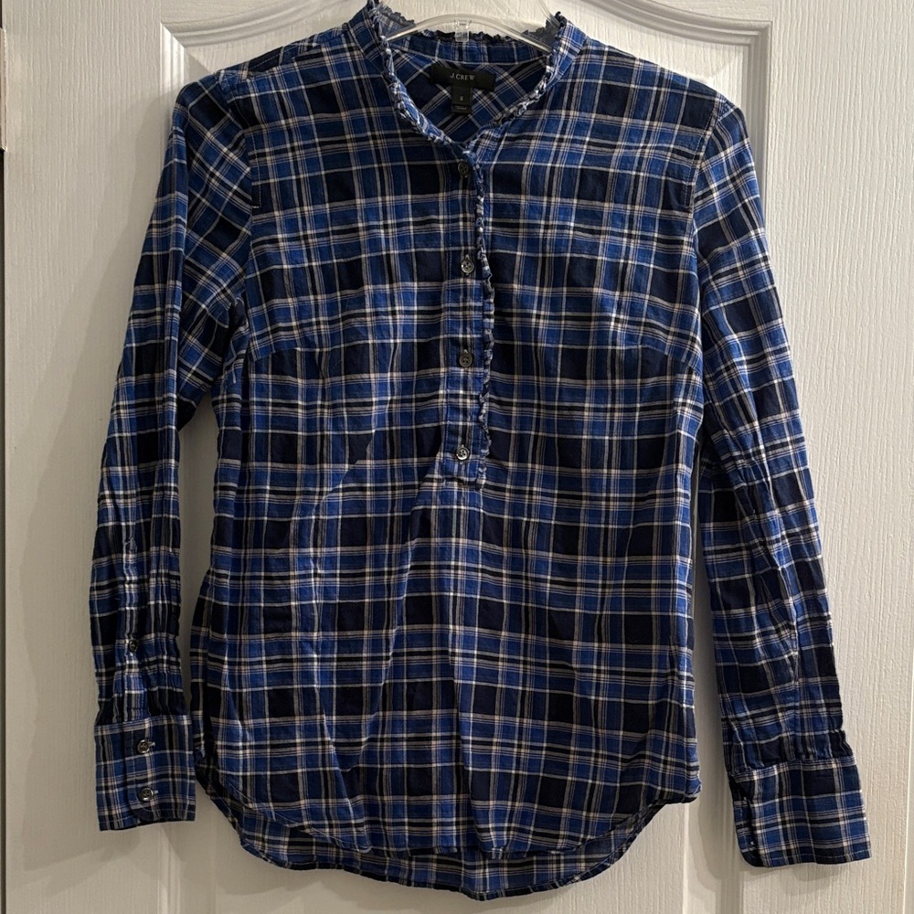 J. Crew Navy Blue Plaid Oxford Style Button Down Shirt size 2